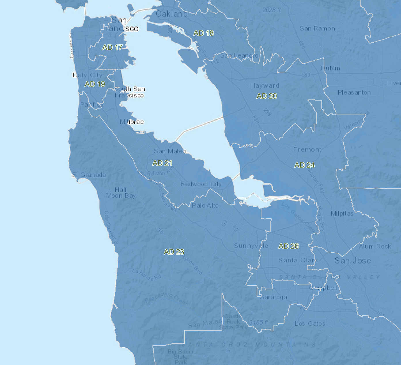 A map of the San Francisco Bay Area with different districts labeled from AD 17 to AD 26, showing cities such as San Francisco, San Jose, and Oakland and surrounding counties.