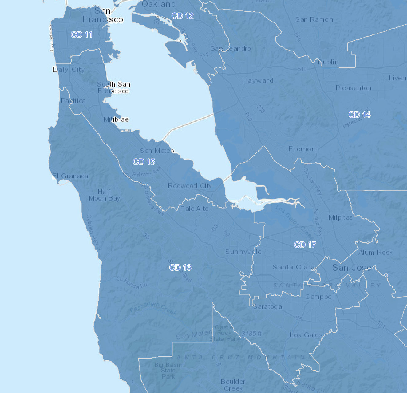 Map of San Francisco Bay Area regions labeled with CD numbers, showing cities like San Francisco, Oakland, San Jose, and surrounding areas in blue.