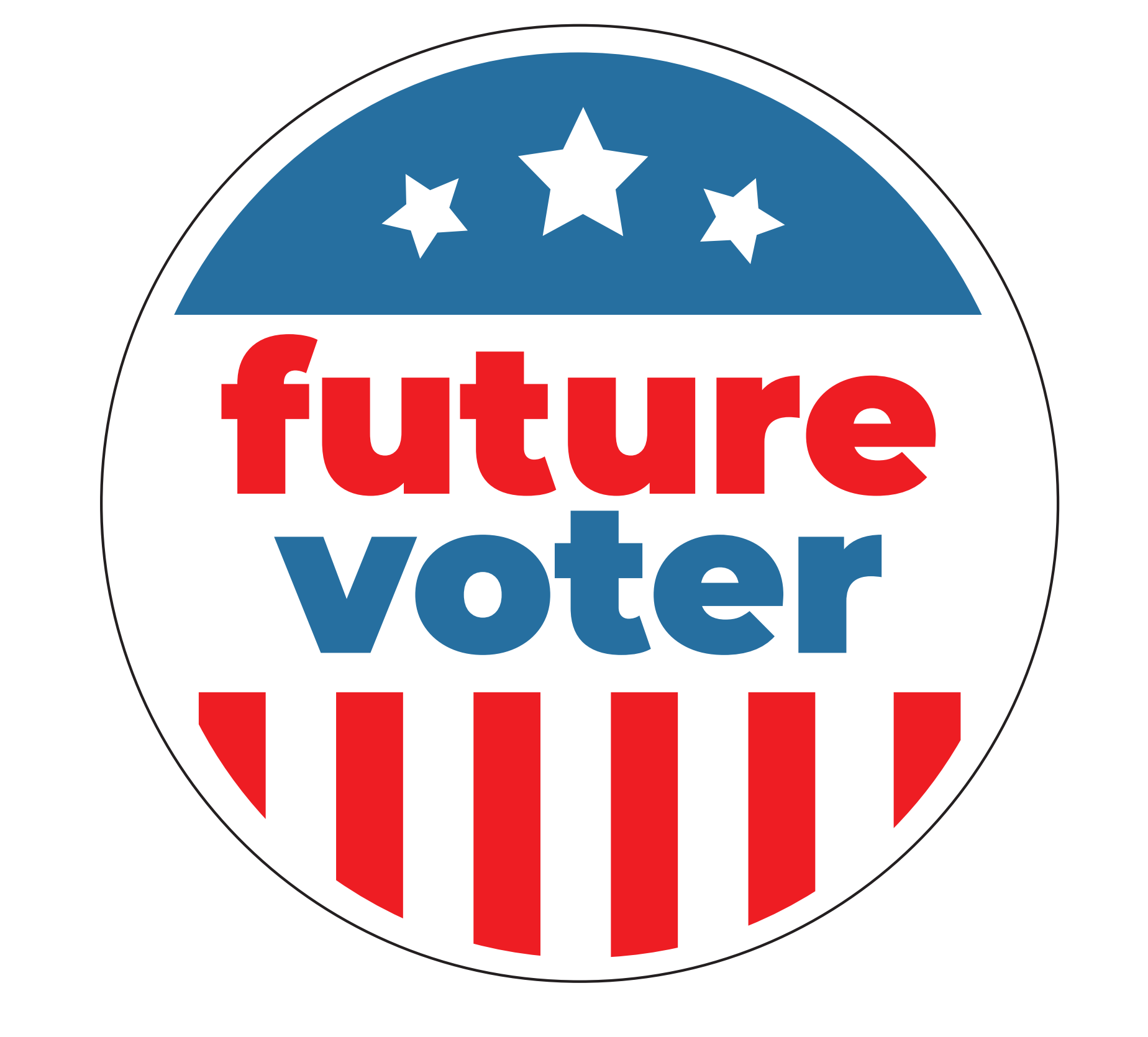 A circular political campaign button with red, white, and blue colors. It has white stars at the top, red and white stripes at the bottom, and the words "future voter" in bold red and blue in the center.
