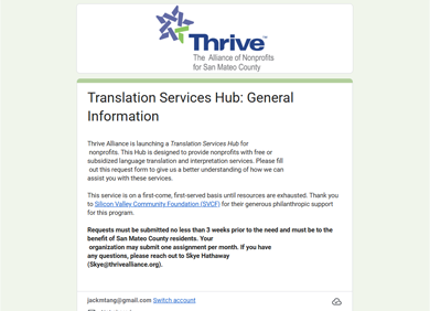 Screenshot of Thrive Alliance's general information page about translation services hub, including donation request and contact details.