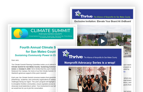 A collage of three digital flyers or slides related to nonprofit and climate summits, including titles like "Climate Summit for San Mateo County" and "Thrive: The Alliance of Nonprofits for San Mateo County."