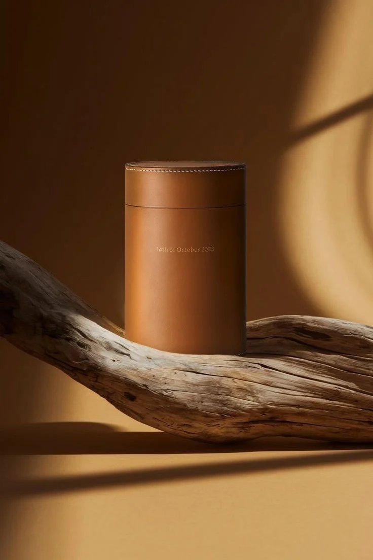 Brown cylindrical leather urn with a lid, placed on a weathered piece of driftwood, with a neutral backdrop and soft shadows.