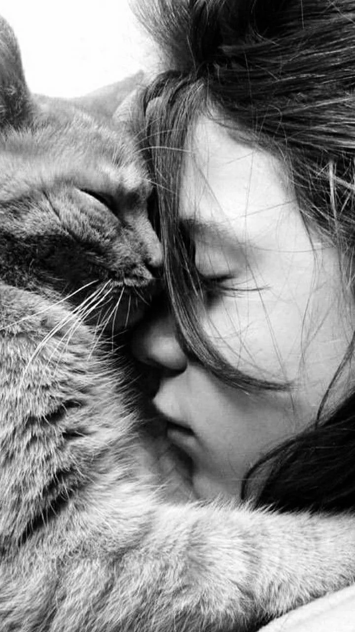A black and white close-up of a girl and a cat touching noses with their eyes closed.