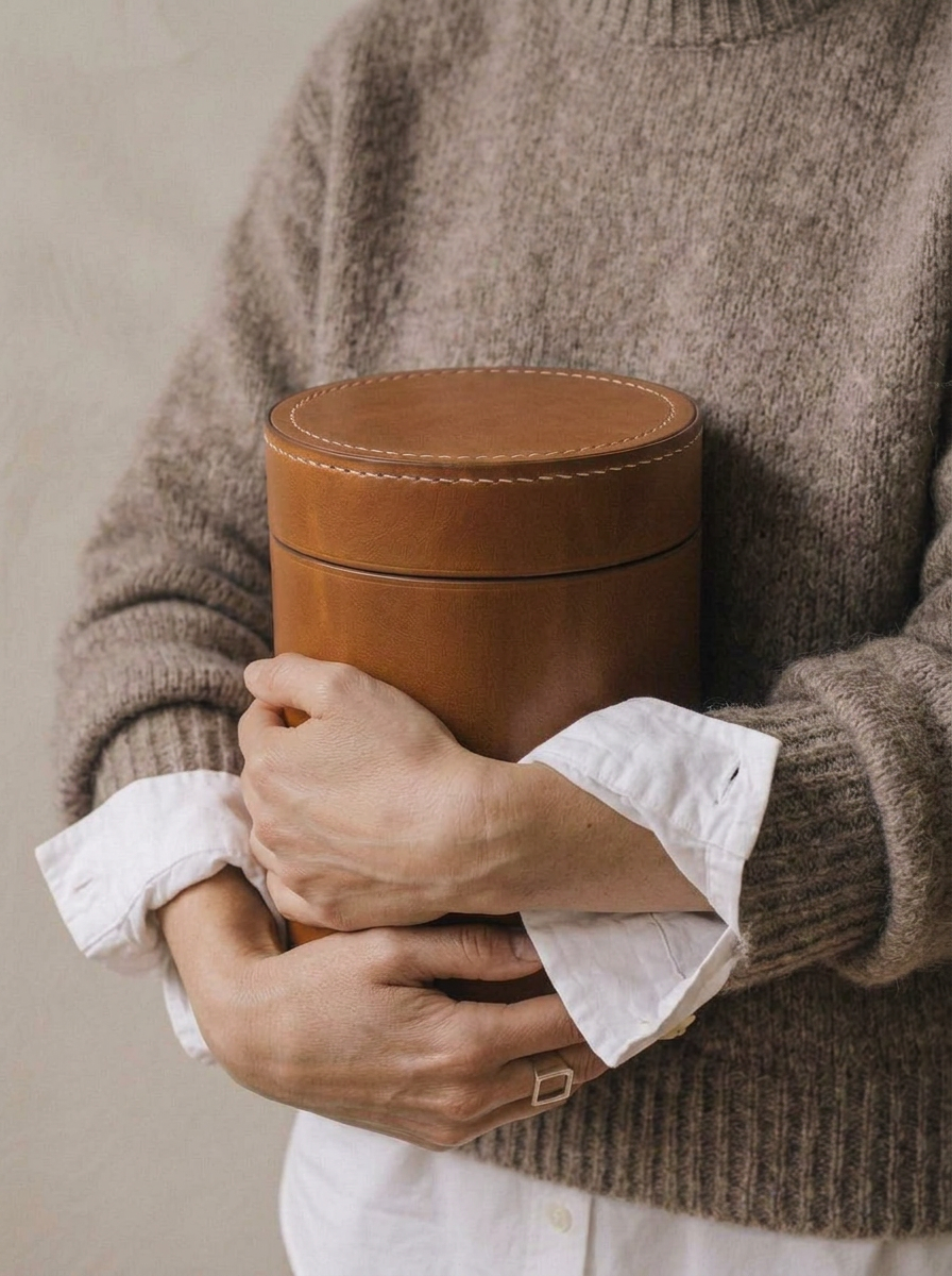 Person holding a cognac leather urn with cream stitching.