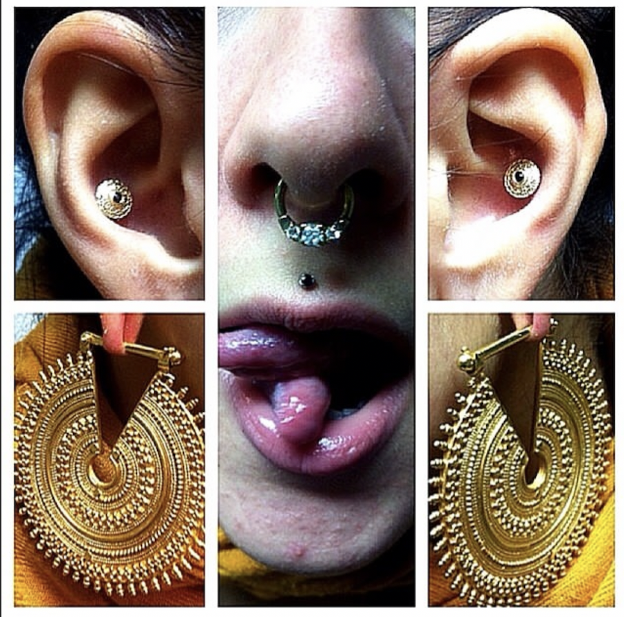 A collage of six images featuring multiple piercings and jewelry on a person's face, ears, and mouth, including ear tunnels, septum and lip piercings, and large gold earrings.