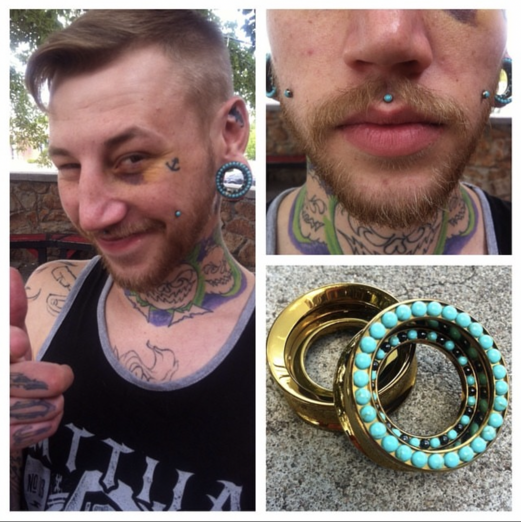 A collage of three images: the first shows a smiling man with tattoos, facial piercings, and jewelry giving a thumbs up outdoors; the second is a close-up of the lower face and tattoos, showing facial piercings and a beard; the third displays gold ri