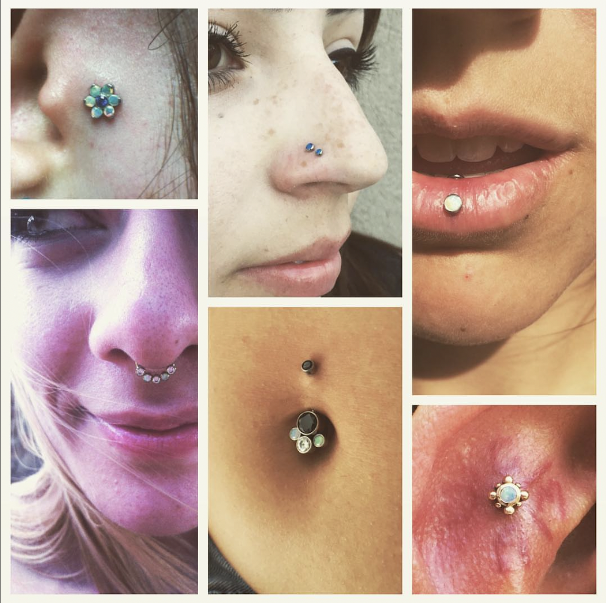 Close-up images of various facial piercings, including nose, lip, ear, and tongue piercings, featuring jewelry such as studs and rings.