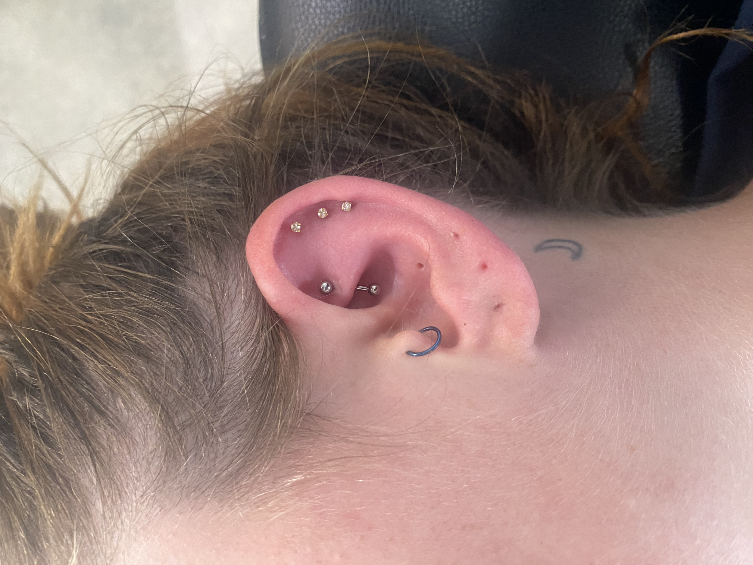 Close-up of a person's ear with multiple piercings, including a double helix, a snug, a forward helix, and a daith piercing, each adorned with small jewelry or earrings.