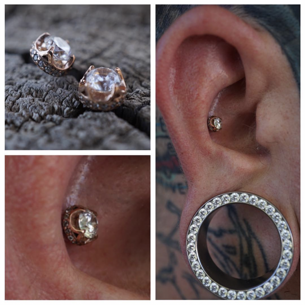 Close-up images of earrings, including rose gold and diamond-studded jewelry, worn on pierced ears, alongside a pair of sparkly diamond earrings on a textured surface.