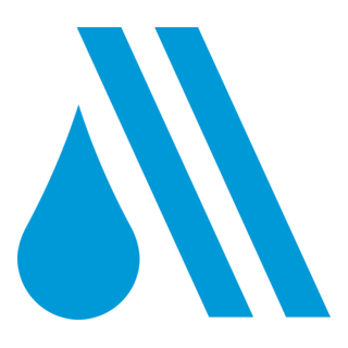 Graphic of a blue water droplet with two diagonal black lines across it.