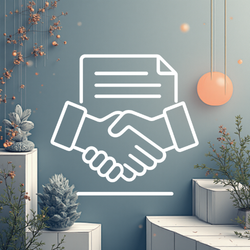 Une illustration de poignée de main avec un document, superposée à une décoration intérieure avec des plantes et une lampe suspendue.