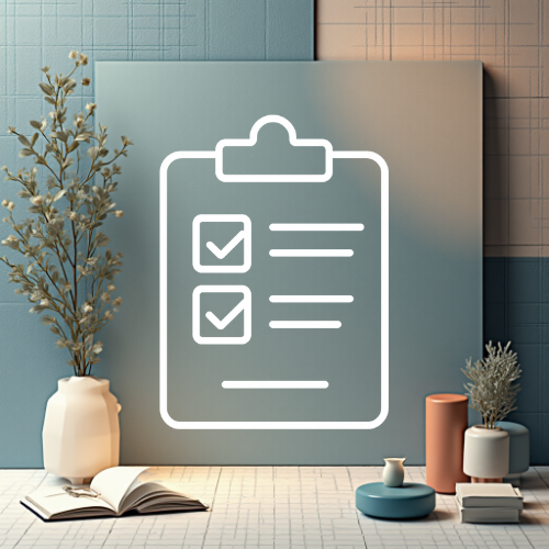 Un tableau avec une icône de liste de contrôle, entouré de vases avec des plantes et un livre ouvert sur une table.