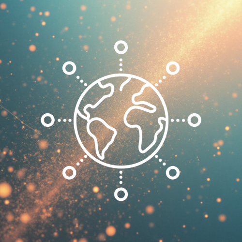 Représentation stylisée de la Terre entourée de cercles connectés, symbolisant la connexion mondiale.