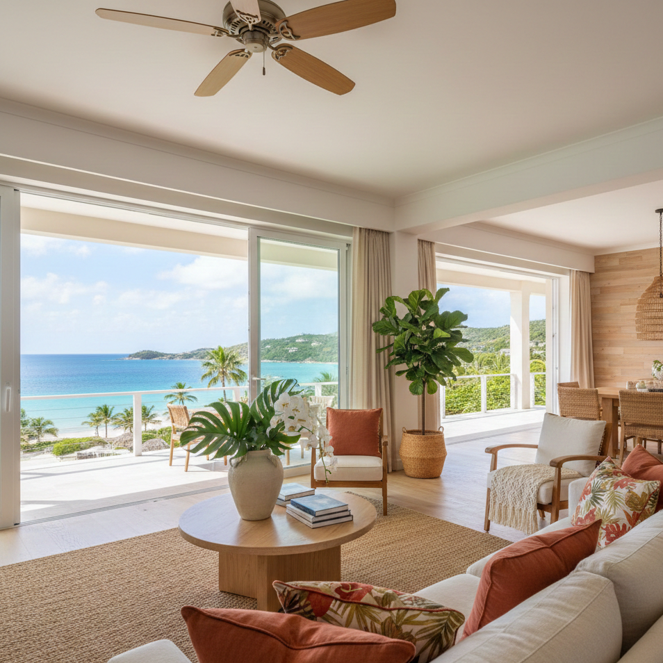 Salon lumineux avec vue sur la mer, comprenant un canapé beige avec des coussins orange et à motifs, une table en bois avec un vase de plantes, et balcon avec vue sur la plage et la mer