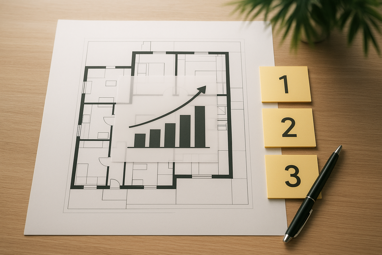 Plan d'architecture d'une maison avec une progression de croissance en graphique sur la feuille.