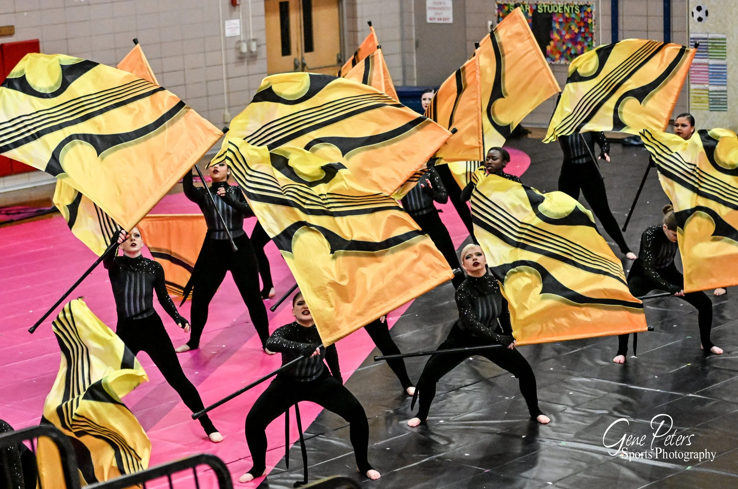 A group of performers dressed in black costumes with sparkles are holding yellow and black flags during a dance or cheerleading routine on a pink and black gymnasium floor.