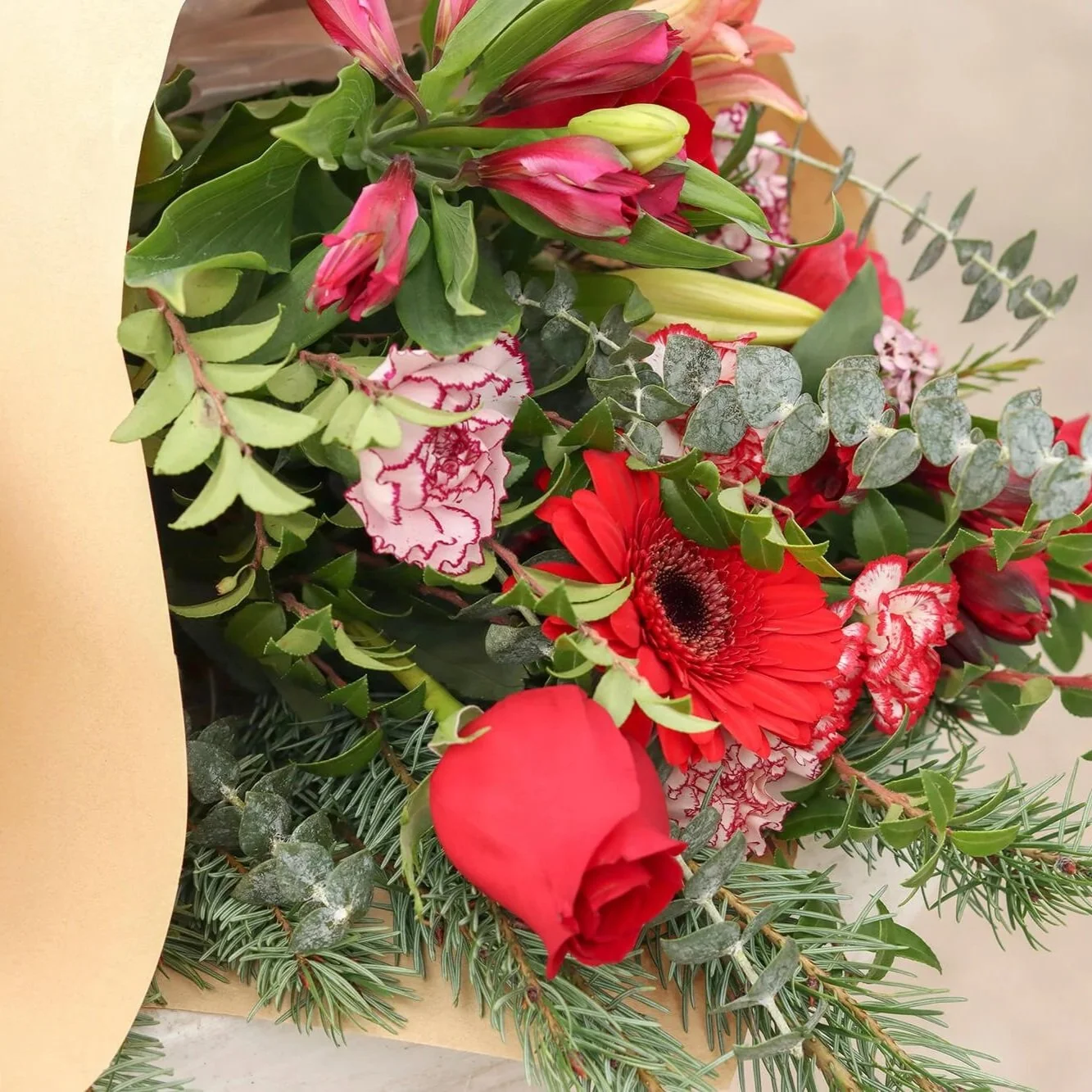 Red and green floral bouquet.