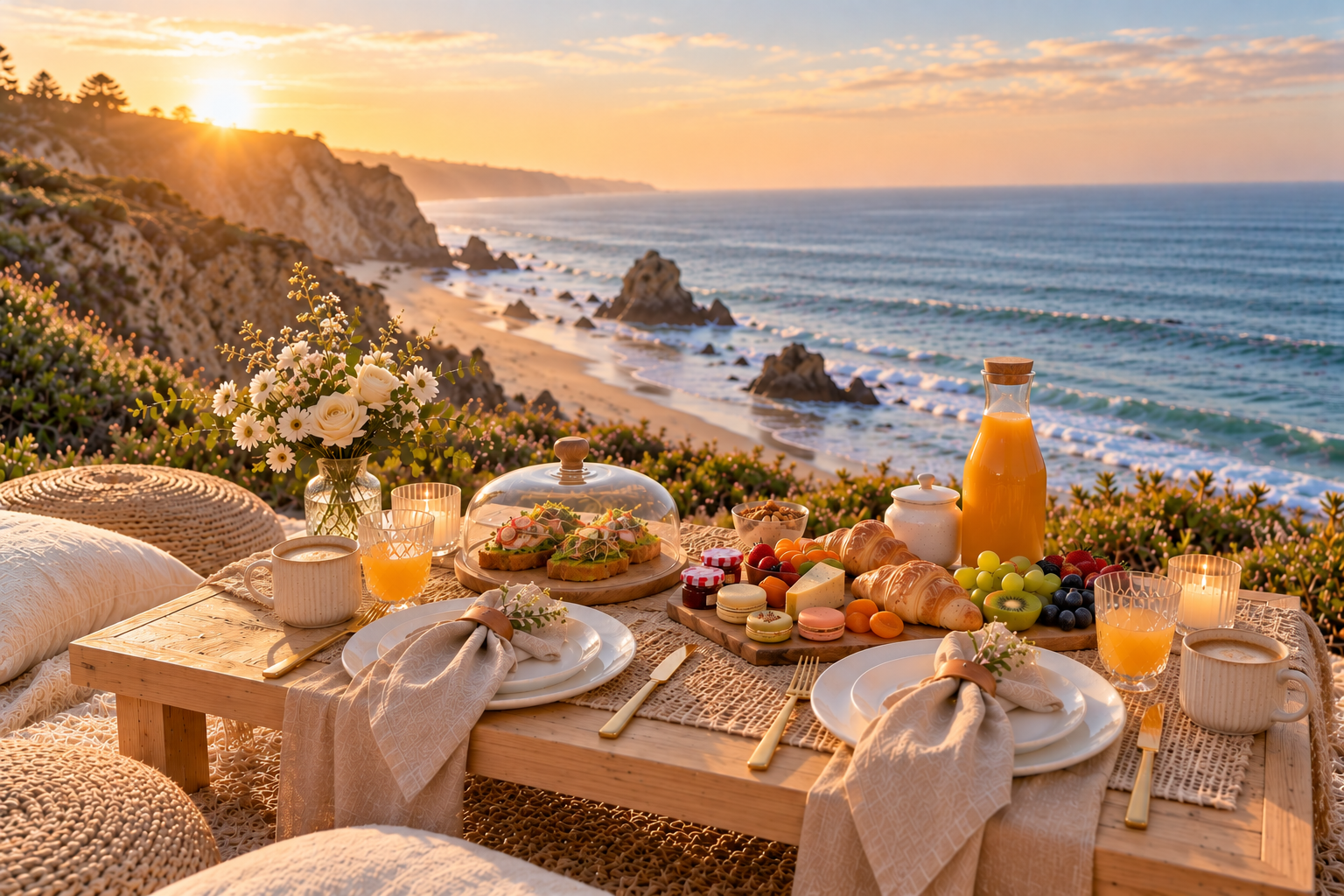 Boho breakfast table styled for two by the ocean at golden hour in Los Angeles