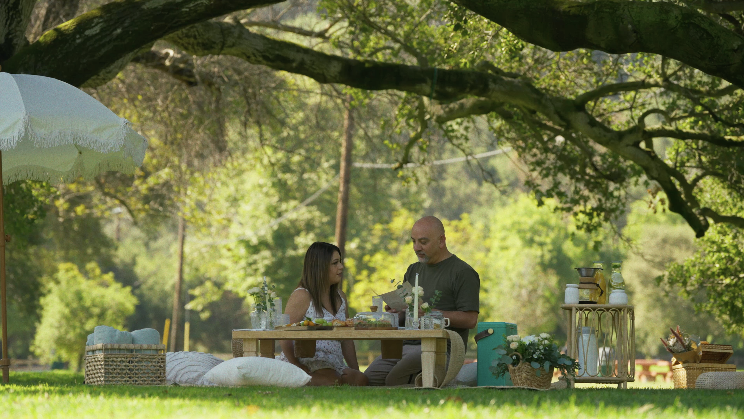Couple enjoying a romantic picnic date under a tree — Mandra Soul Los Angeles