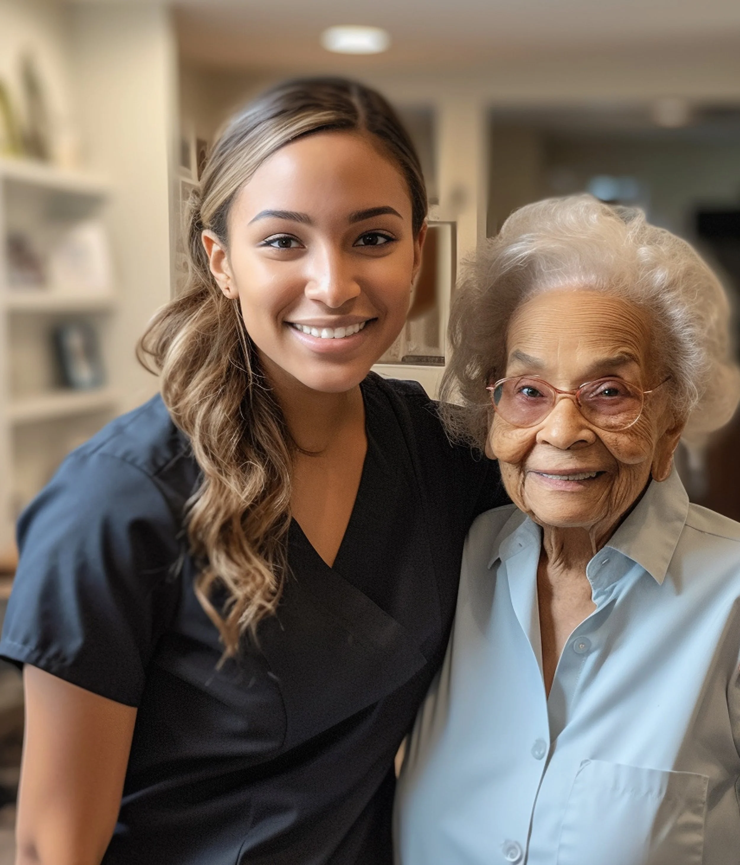 A young woman in black scrubs smiling and standing next to an elderly woman with glasses and gray hair, both indoors.