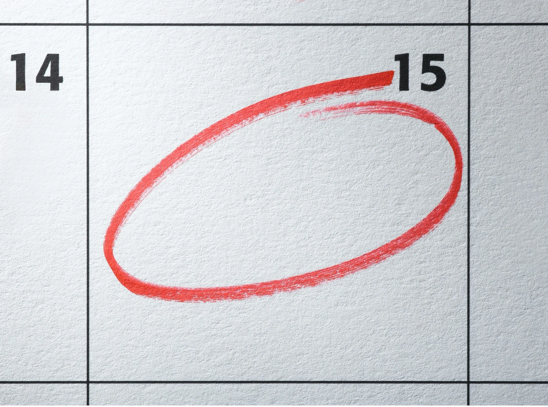 A calendar page with a red oval mark around the date 15.