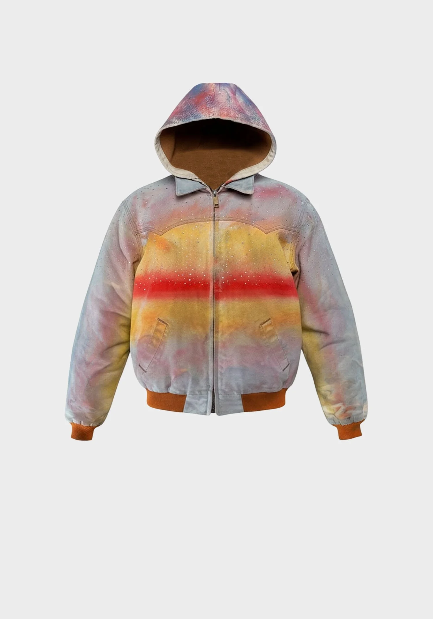 Colorful hooded jacket with a galaxy pattern and splash of red and yellow on the front, displayed on a plain background.