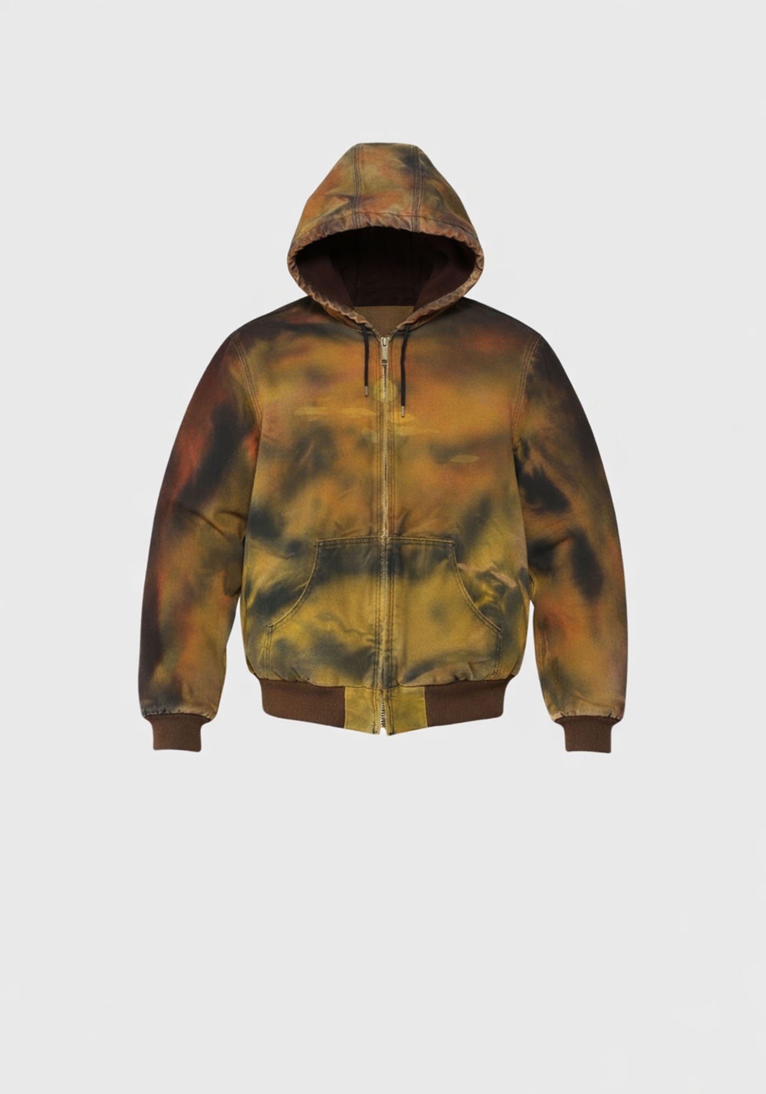 A hooded zip-up jacket with a multicolored, blended pattern in earthy tones, featuring a front pocket and elastic cuffs.
