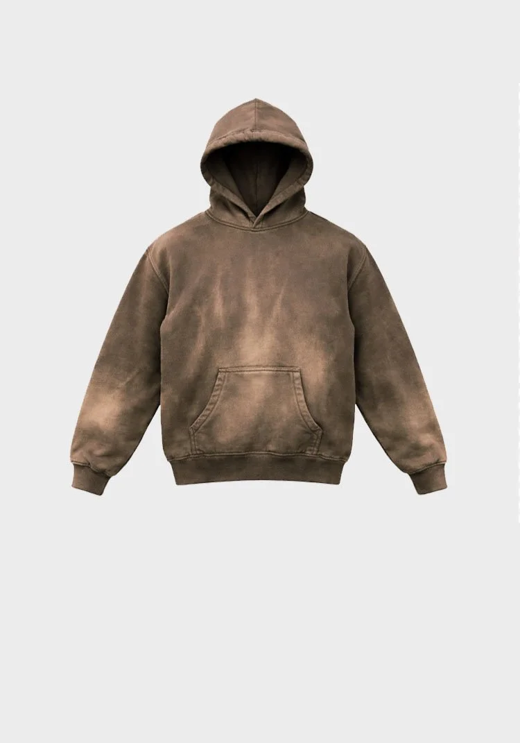 Brown hooded sweatshirt with front pocket on plain light gray background.