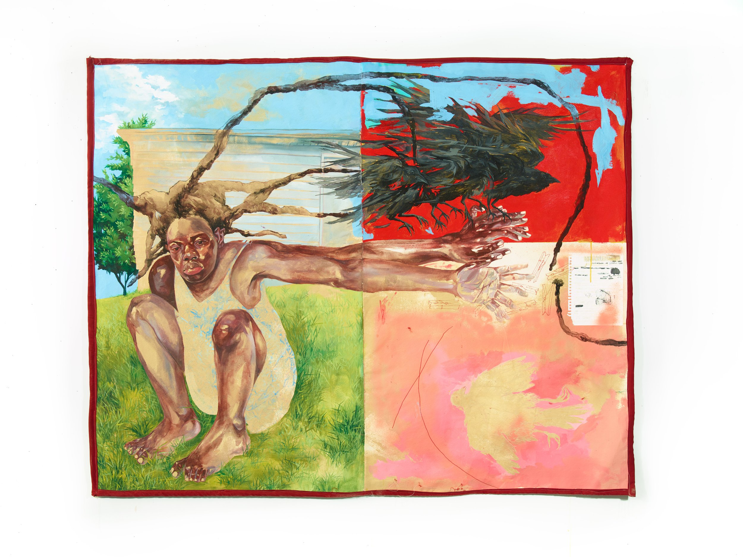 Alexandria Couch | Scarecrow: With Notes on Philosophy | Acrylic, oil, collage and colored pencil on quilted canvas | 49 1/2 x 61 3/4 | 2025