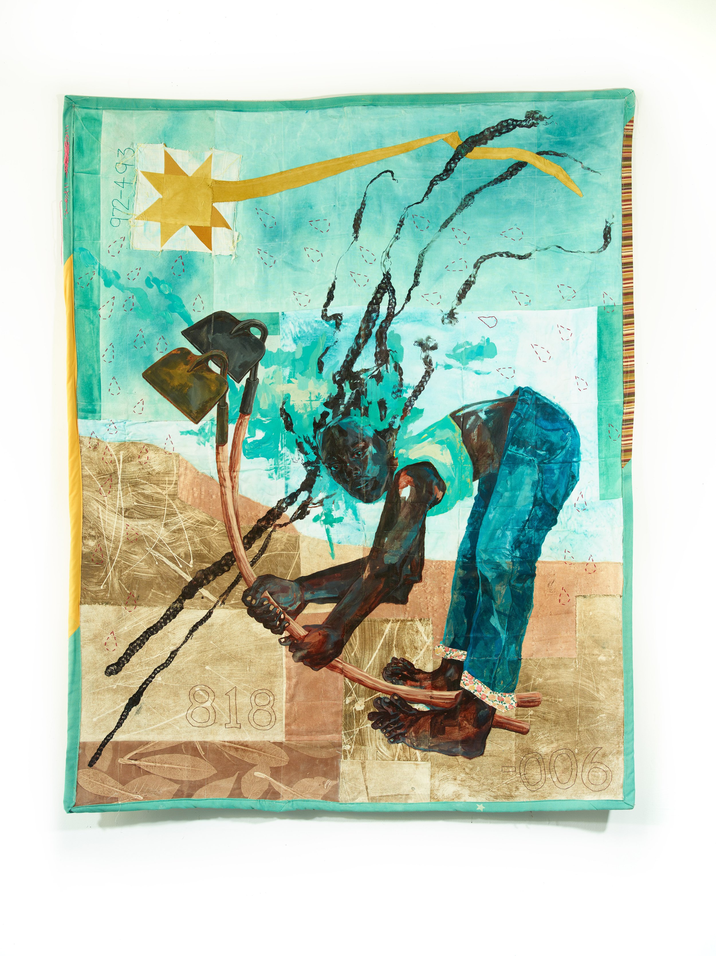 Alexandria Couch | News of Death: Brighter Days Will Follow Present Trouble | Acrylic, monotype, collage, found fabric and embroidery | 62 1/2 x 49 1/2 inches | 2026