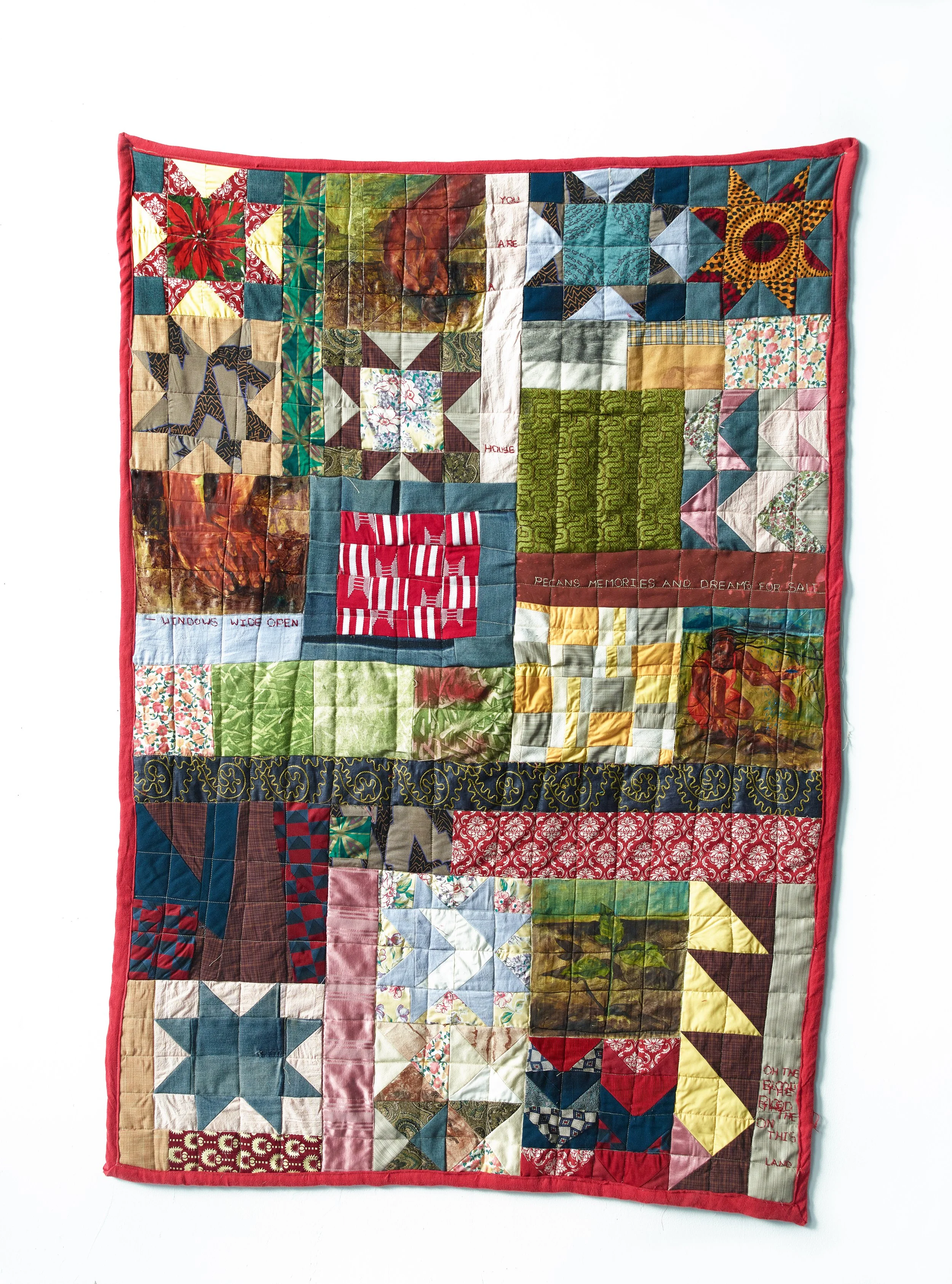 Alexandria Couch | Dreams For Sale: The Blood, The Blood, Oh The Blood On This Land | Oil, monotype, embroidery on found fabric quilt | 57 x 37 inches | 2026