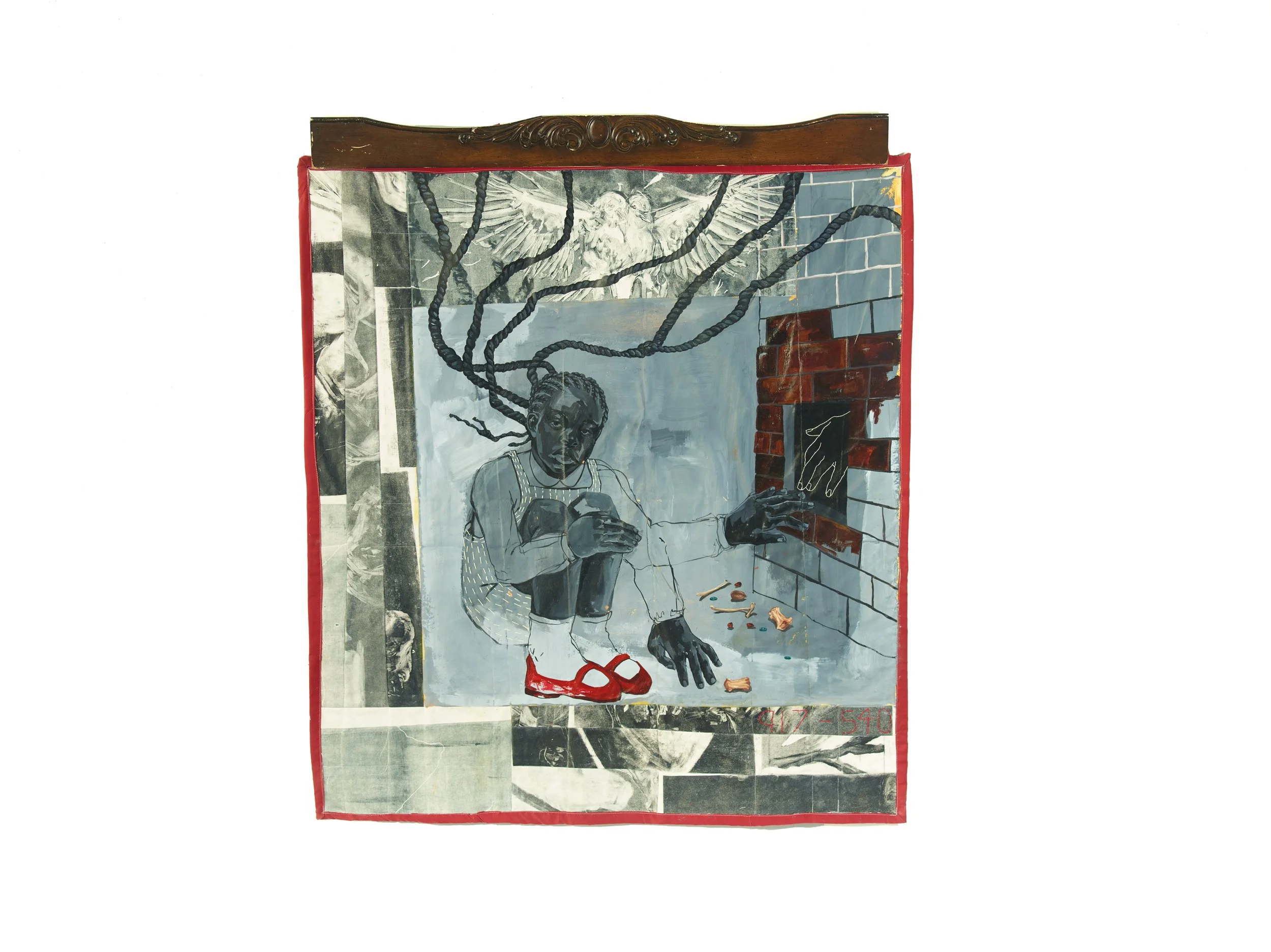 Alexandria Couch | Dust To Red Dust; Nothing Is Ever Buried Here, Just Sleeping | Oil, acrylic, monotype, embroidery, and found object quilt | 50 1/4 X 43 in | 2026