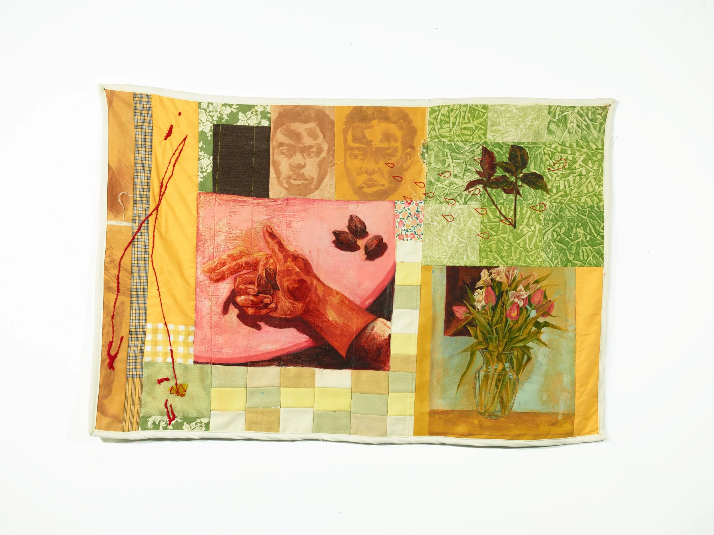 Alexandria Couch | Repast For Dying Trees: All The Land Is Barred Off | Monotype, acrylic, found fabric, glass and embroidery on quilt |  44 x 29 1/5 inches  | 2025