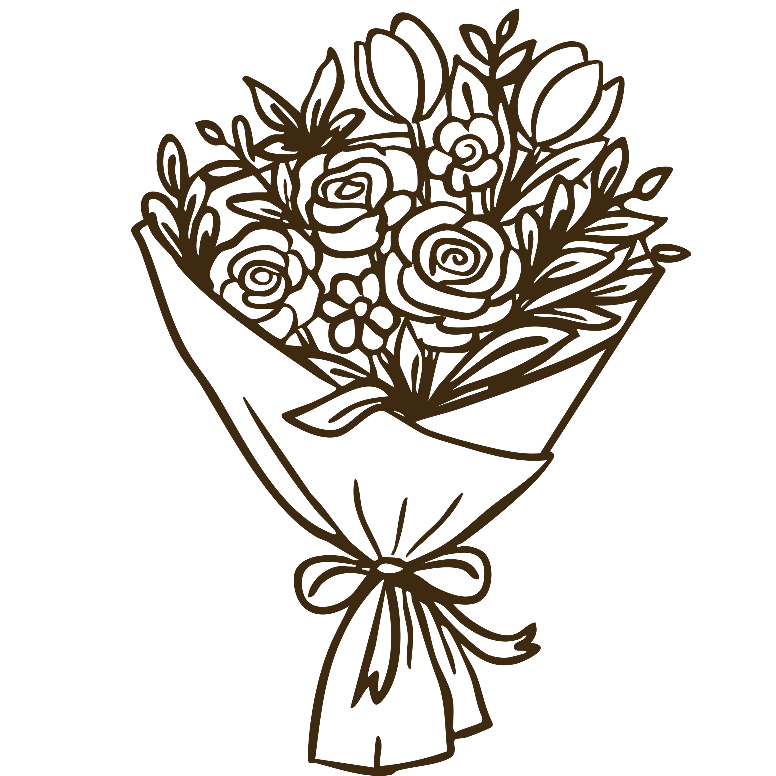 A decorative illustration featuring a bouquet of roses and leaves, outlined in brown on a black background.