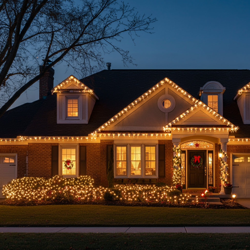 A house decorated with Christmas lights and wreaths at dusk