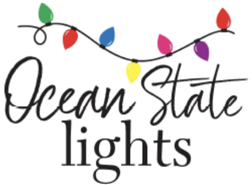 'Ocean State Lights' logo with decorative colorful Christmas lights above it, in an elegant black script and block fonts.
