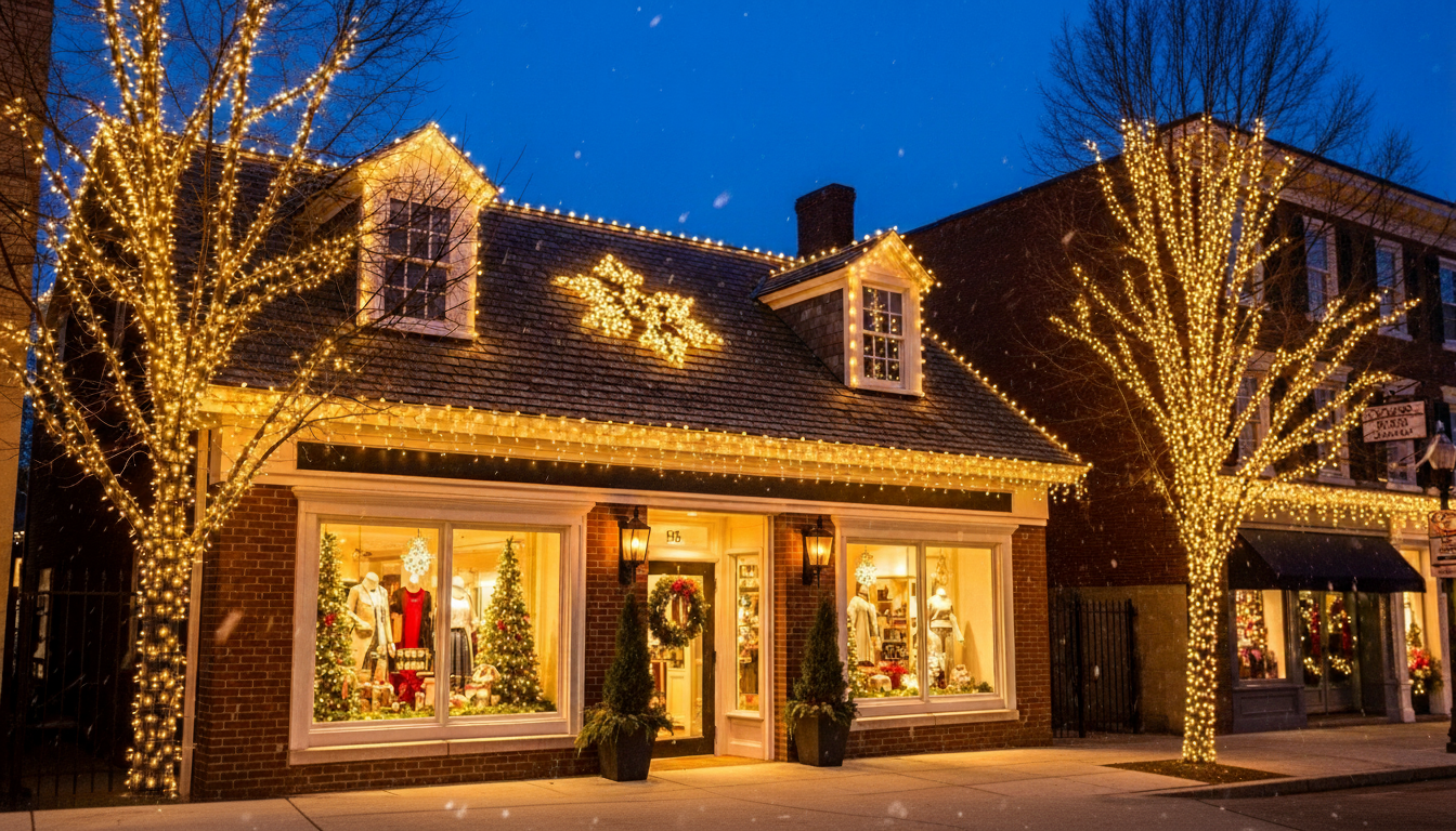 Storefront decorated with Christmas lights, trees, and holiday ornaments at dusk.