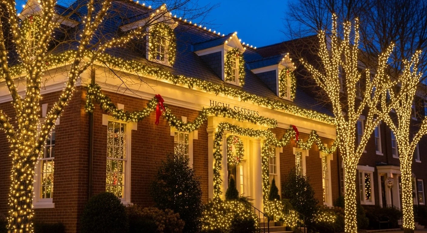 A house decorated with Christmas lights and greenery, including trees wrapped in string lights, wreaths on windows, and garlands along the roofline during the evening.