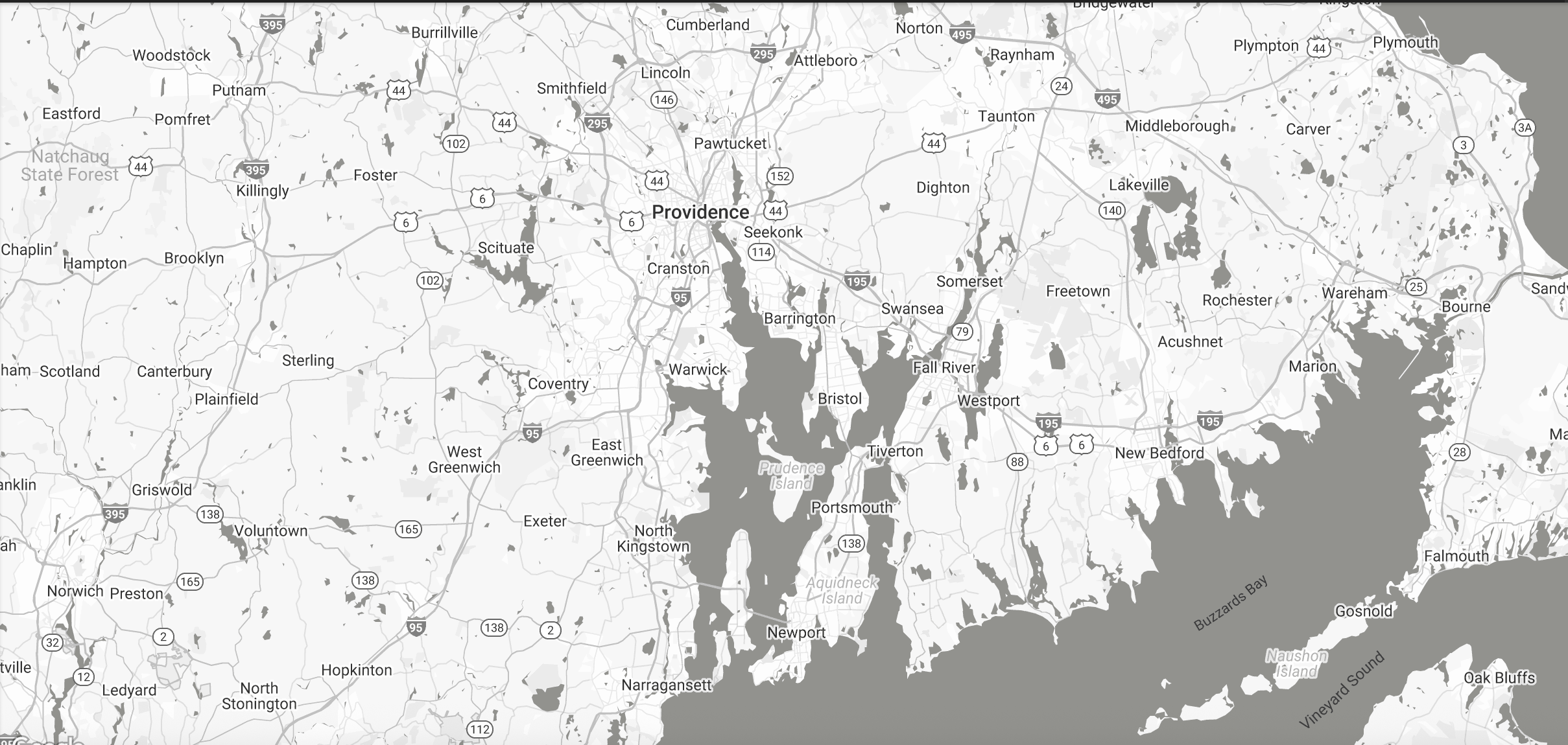 A grayscale map of Providence, Rhode Island, showing the city's surrounding neighborhoods, water bodies, and highways.