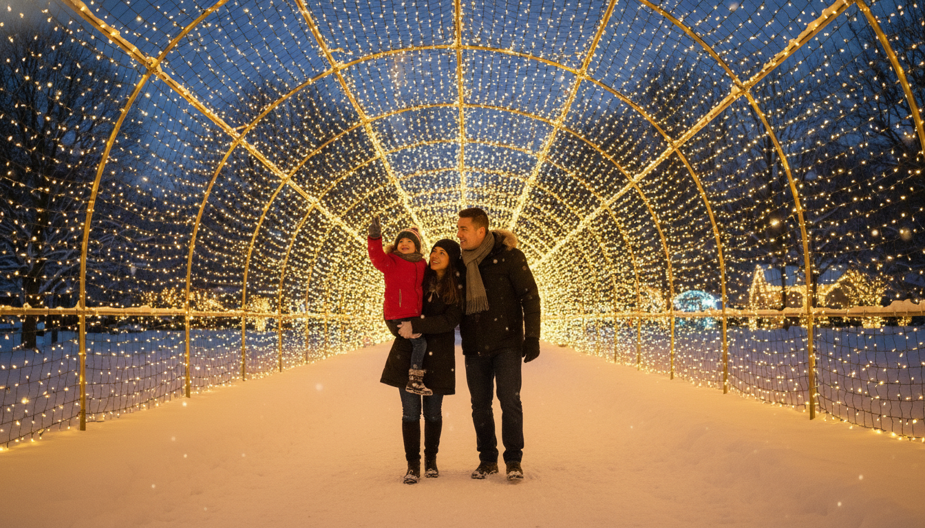 A family of three walking through a tunnel of festive yellow Christmas lights on a snowy night.