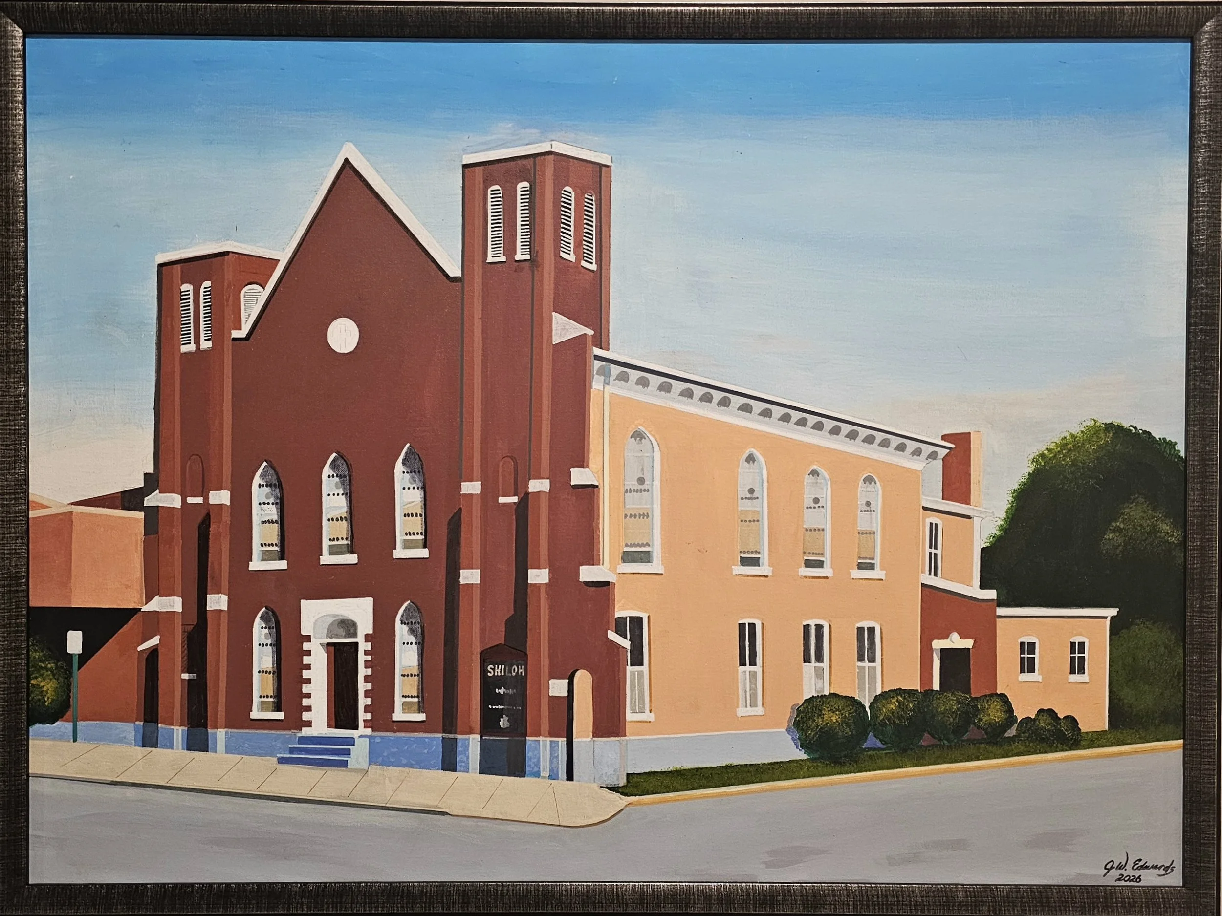 Shiloh Baptist Church Old Site, with twin towers, painted by John Wayne Edwards