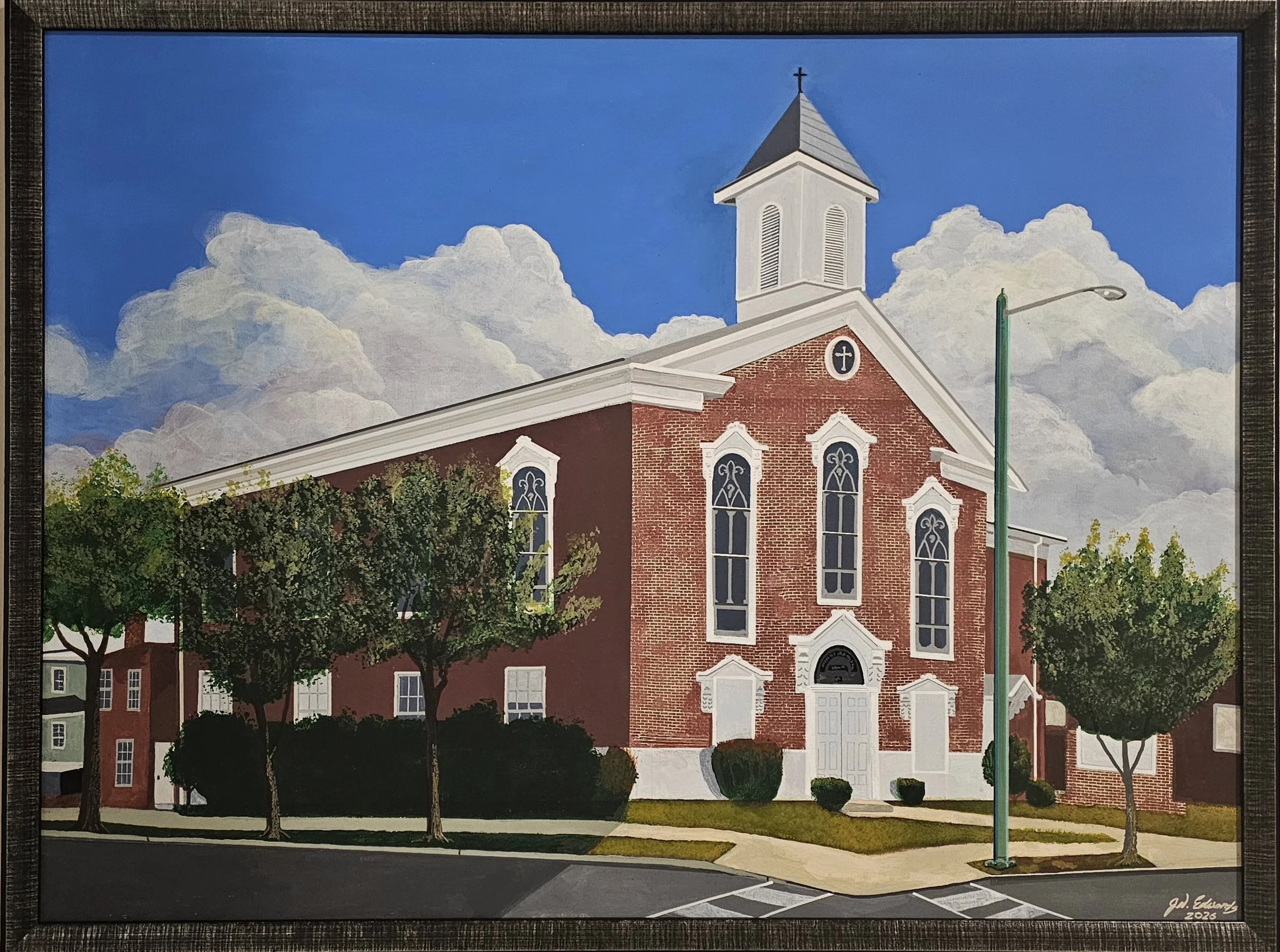 Shiloh Baptist Church New Site, with white steeple, painted by John Wayne Edwards