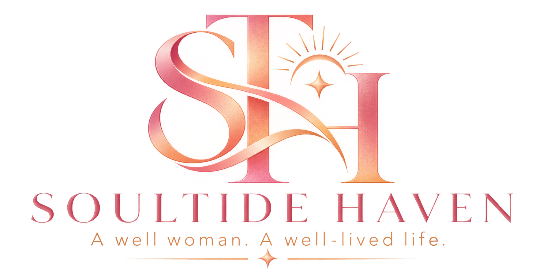 Logo for South Haven with a large stylized letter 'S' and 'H' intertwined, featuring a sun and star design. The tagline reads 'A well woman, A well lived life.'