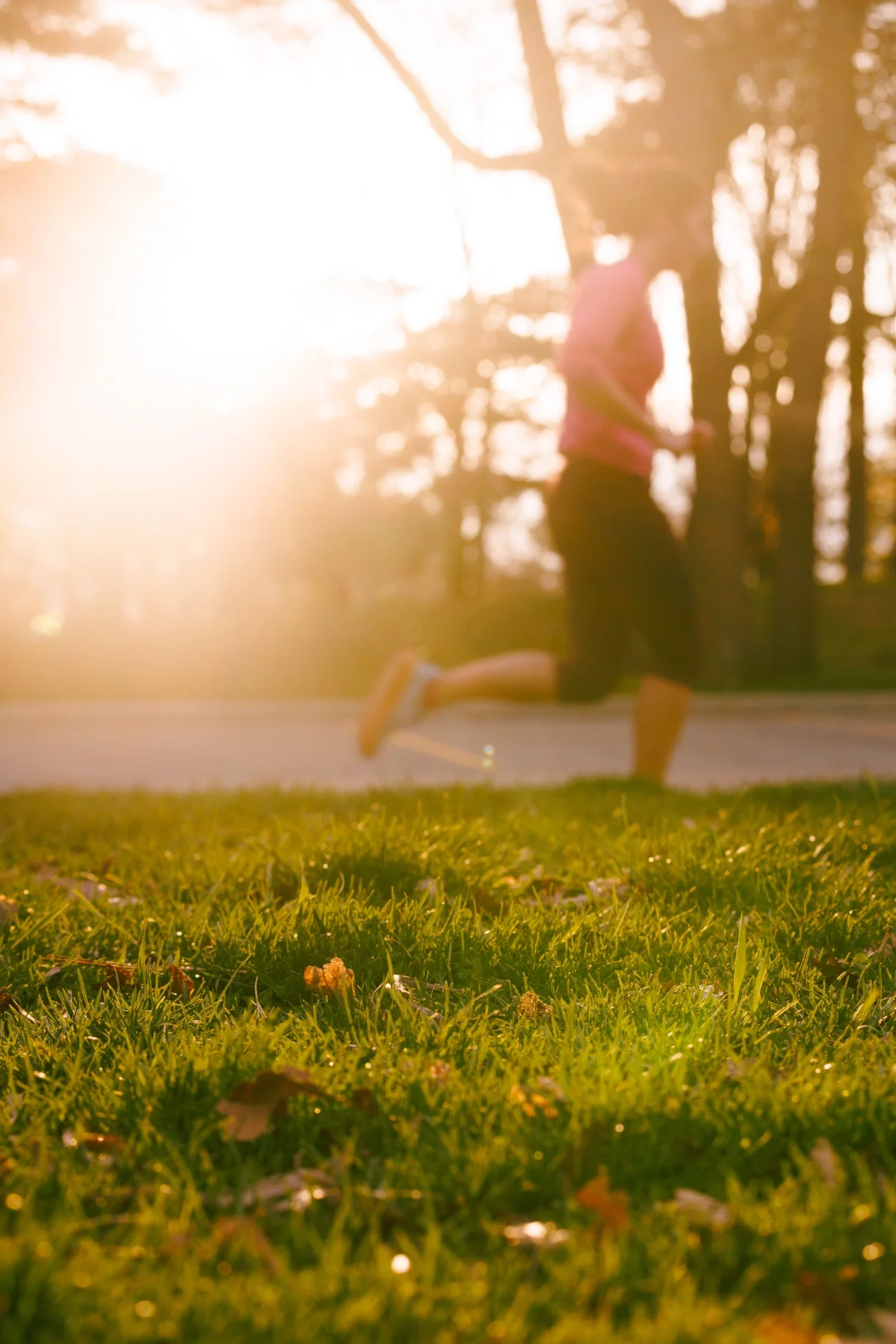 Green grass in the center of the frame, and a blurred woman running in the background.