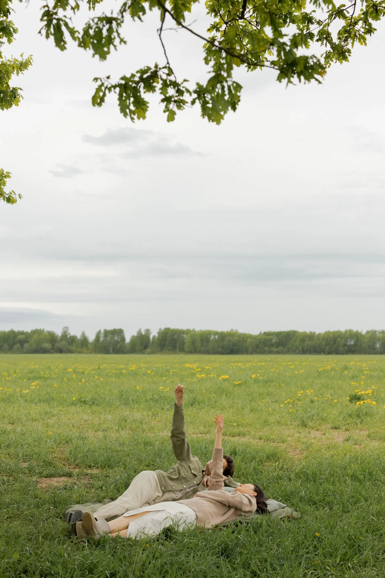 A couple laying in an open grass field pointing up to the sky.