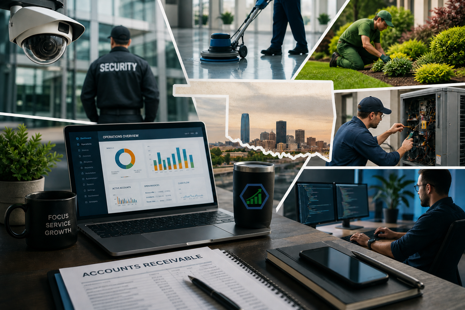 Collage of various work scenes including security camera, a person cleaning a floor, gardener planting shrubs, technician repairing an electrical box, and a business professional working on code, all overlapping with a city skyline and a laptop displaying business analytics.