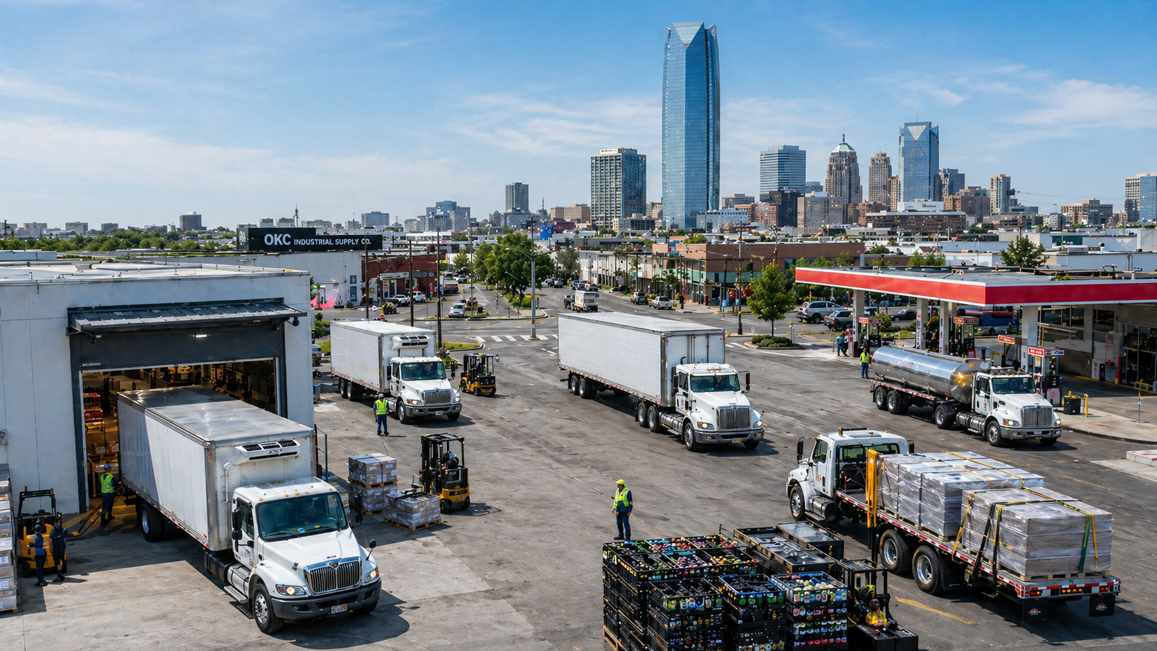 View of a busy commercial area with trucks at a loading dock, fueling station, and city skyline in the background.