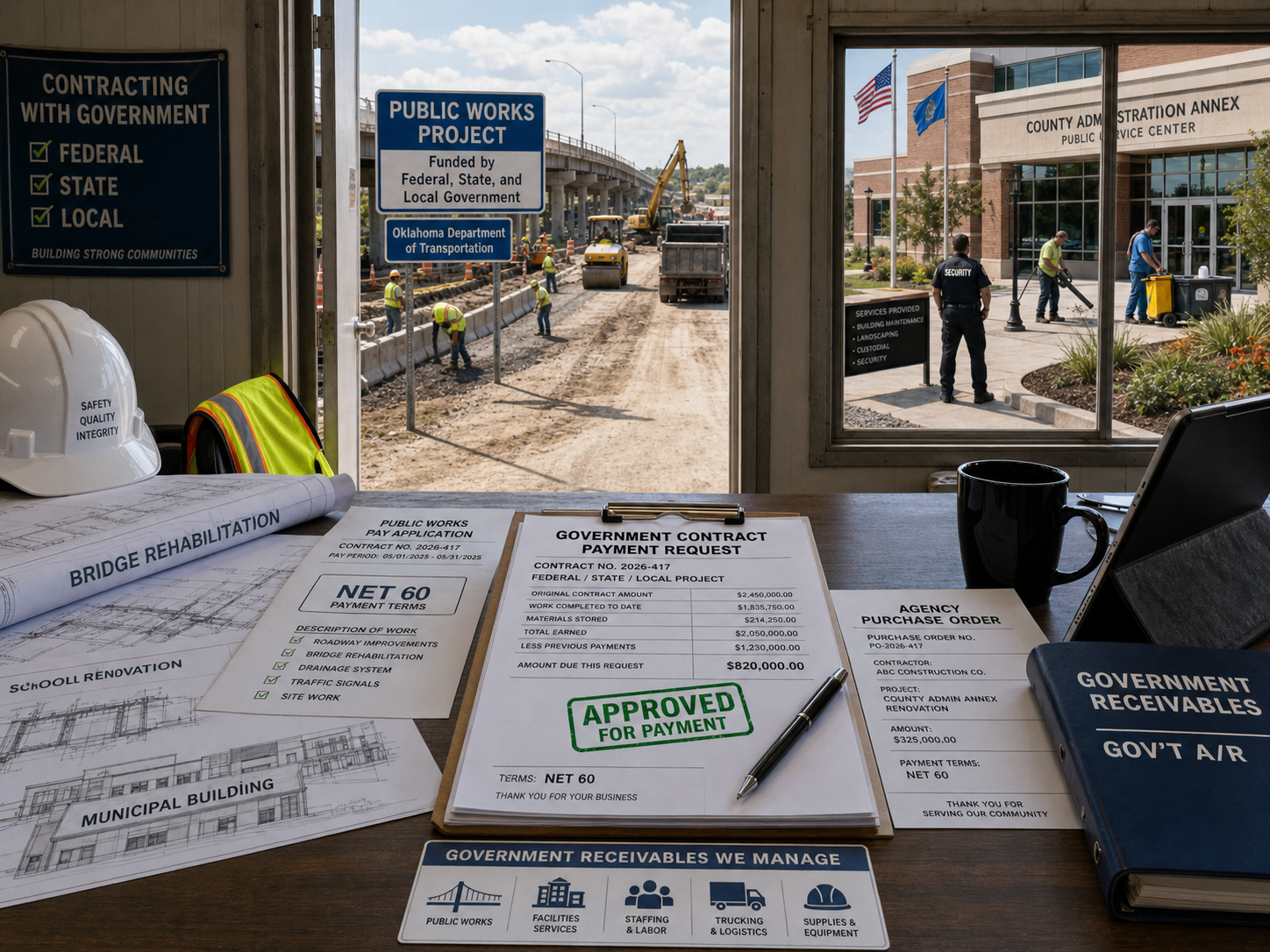 View of a construction site seen from an office window, with workers, machinery, and traffic barriers, outside a county administration annex building. Inside, there are government contract documents, a safety helmet, a high-visibility vest, and a mug on a desk.