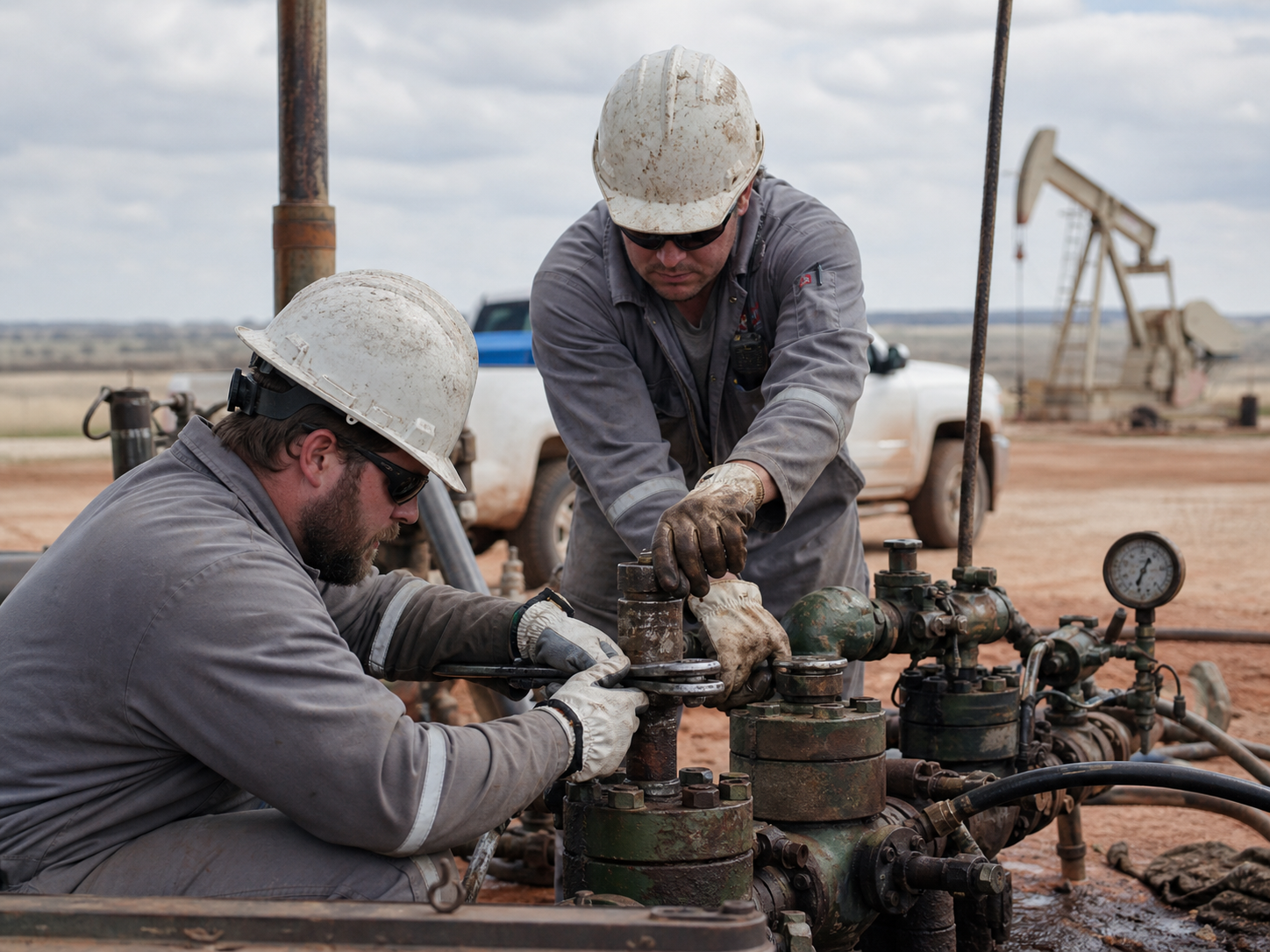 Two oil workers wearing hard hats and gloves working on oil equipment in a field with a pickup truck and oil pumps in the background.