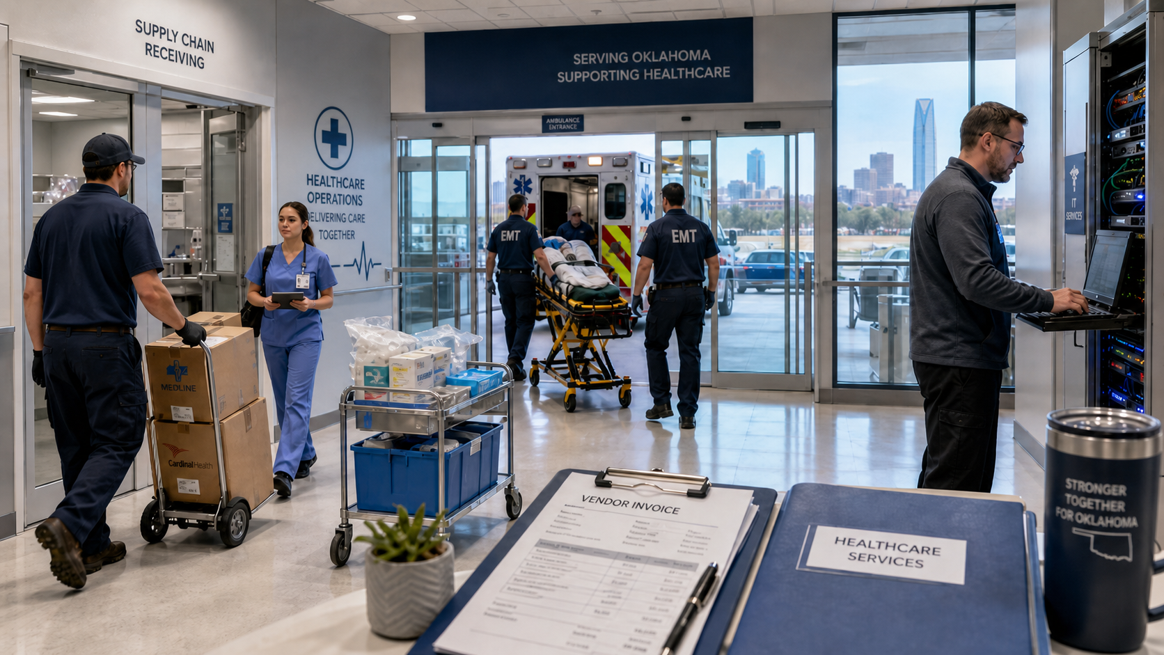 Hospital staff transporting a patient on a stretcher into an emergency room with medical personnel working on equipment and managing supplies.